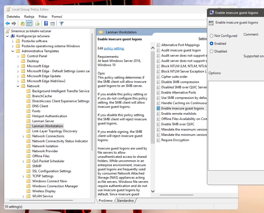 Podešavanje Enable insecure guest logons u Lanman Workstation